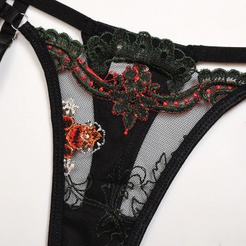 3-piece bra set women floral embrodiery lace lingerie set ladies transparent bra+ thong sexy underwear